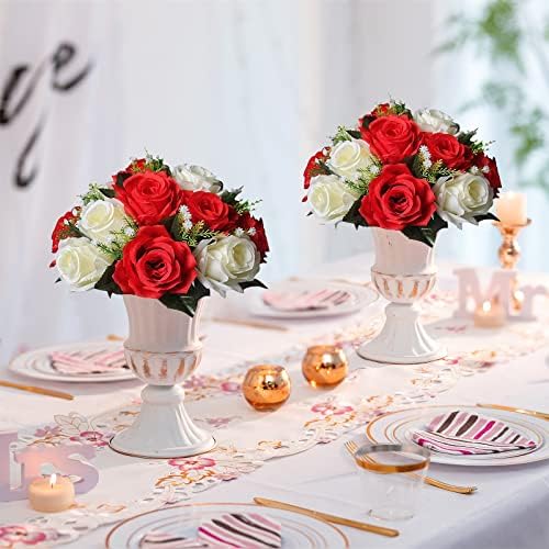 Sziqiqi Artificial Flower Centrepieces for Tables, Red & White, 6Pcs - Image 3