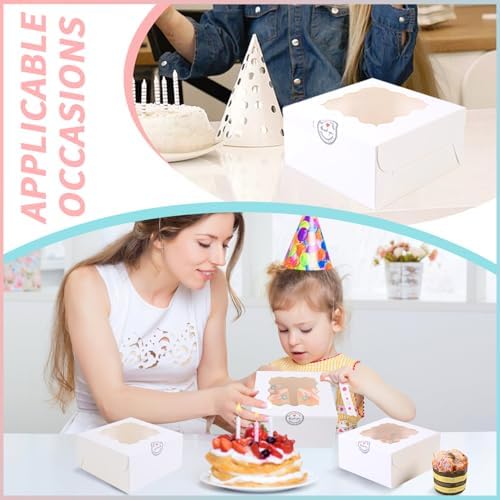 100 pcs 6x6x3 Inches Small Cake Box with Window, 6 inch Cookie Boxes Bakery Pastry, Mini Pie container for Pastry,Dessert,Strawberries,Chocolates, Cupcakes with paper stickers (White) - Image 6