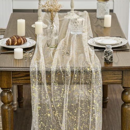 Artoid Mode Beige Gold Gauze Table Runner 120 Inch 10Pcs, Glitter Metallic Foil Sheer Dining Wedding Anniversary Holiday Birthday Table Decor for Home Party - Image 2