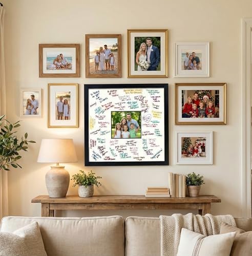 CountryArtHouse Signature Keepsake Frame - Circle Mat Window - Gold Bamboo Genuine Hardwood 20x20 8x8 Photo - White Double Mat - Gel Pens Included for Guest Signing - Image 5