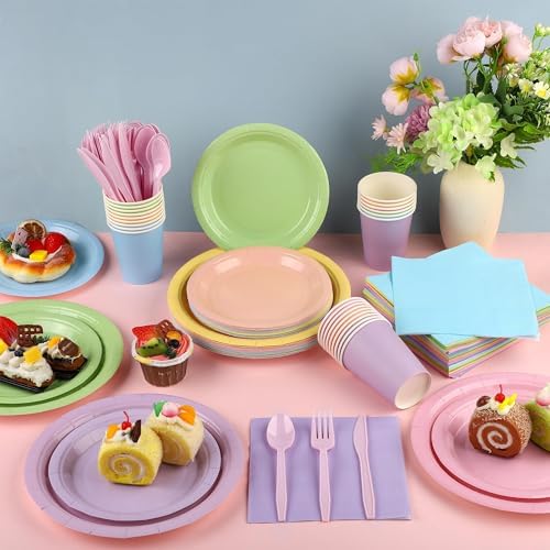 Kochorie 216 Pcs Pastel Rainbow Party Supplies Set, Disposable Macaron Paper Tableware Set 7 Inch & 9 Inch Plates Cups Napkins Cutlery for Birthday Baby Shower Pastel Party Decorations, Serve 24 - Image 4