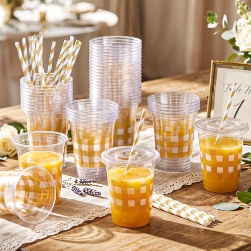 Sliner 50 Sets 16oz Khaki White Gingham Party Plastic Cups - Image 4
