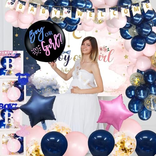 144 PCs Navy Blue and Pink Gender Reveal Decorations, Hombae Boy or Girl Gender Reveal Decorations What Will Baby Be Backdrop Balloon Banner Tablecloth Cake Cupcake Topper Boxes Cutout Poster Sash - Image 7