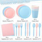 Ziliny 350 Pcs Pink Blue Plates and Napkins, 50 Guest Spring Party Supplies Include Scalloped Paper Plates Napkins Cups Plastic Spoons Forks Knives Disposable Tableware Set for Baby Shower - Image 2