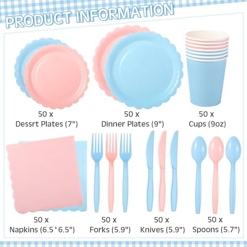 Ziliny 350 Pcs Pink Blue Plates and Napkins, 50 Guest Spring Party Supplies Include Scalloped Paper Plates Napkins Cups Plastic Spoons Forks Knives Disposable Tableware Set for Baby Shower - Image 2