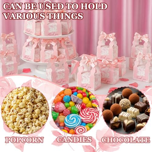 ForraFun 100 Sets Floral Wedding Favor Boxes with Pearl Pendant Bow, Pink - Image 6