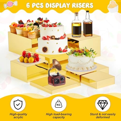 Leinuosen 7 Pcs Large Buffet Risers Set 6" to 12" Acrylic Display Box Catering Dessert Table Riser Food Display Decorative Stand with Hollow Bottom for Catering Supplies(Gold, Square) - Image 3
