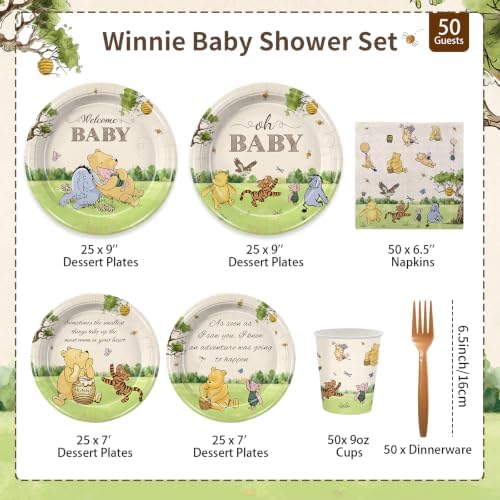 300Pcs Winnie Baby Shower Plates Set, Disposal Paper Plates and Napkins Cups Forks, Classic Quotes Winnie Party Supplies Decorations for 50 Guests - Image 2