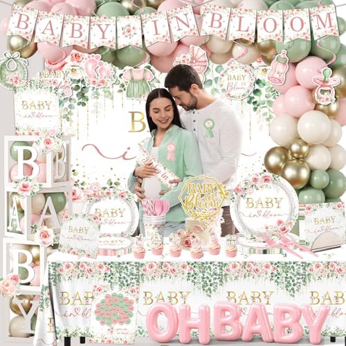 Floral Baby In Bloom Baby Shower Decorations,283pcs Spring Baby Shower Decorations Plates and Napkins Cups Banner Backdrop Tablecloth Cake Topper Balloon for Wildflower Baby In Bloom Shower Supplies - Image 2