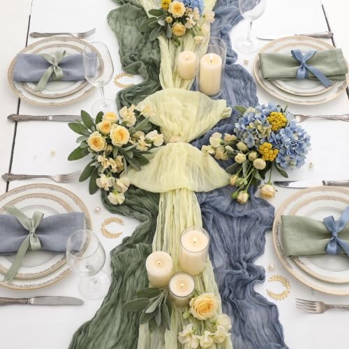 6 Pcs Dusty Blue Green Yellow Cheesecloth Table Runner - Image 3