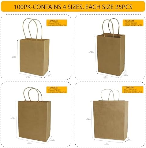 100 Pcs thick Kraft Paper Bags 5.25x8.5x3.25"，Small Shopping Bags with handles Bulk，Craft Gift Bags, Retail Bags, Recycled Bulk, Brown Paper Bags for Wedding，Packaging, Birthday Party，Business, Goody and Kraft Merchandise Bag (5.25x8.5x3.25inch, Origin... - Image 2
