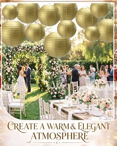 Treela Paper Lanterns Bulk, 5 Sizes, Round Chinese Lamp, Gold, 60 Pcs - Image 4