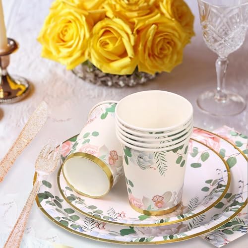 350 PCS Floral Plates and Napkins Party Supplies Serve 50 Flower Disposable Paper Dinnerware Sets for Adults Bridal Shower Decorations Baby Shower Birthday Wedding Engagement Tea - Image 4