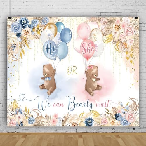 Bear Gender Reveal Backdrop We can Bearly Wait Photography Background 10x8ft Blue and Pink Flower He or She Boho Photo Background Baby Shower Banner Party Decorations by Lexfvpoo