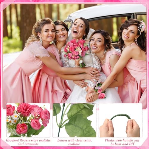 Tigeen 12 Bundles Peonies Artificial Flowers Faux Roses, Rose Pink - Image 3