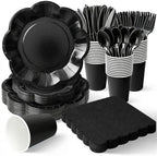 Vyntra Black Paper Plates, Cups & Napkins, 350 Pcs Scalloped Party Set by PartyTablewareSupplies