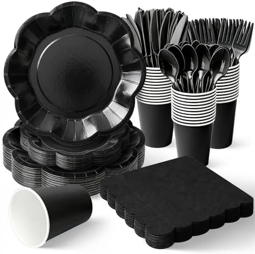 Vyntra Black Paper Plates, Cups & Napkins, 350 Pcs Scalloped Party Set by PartyTablewareSupplies