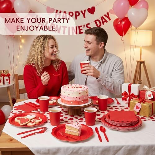 Red Party Supplies for 50 Guests, 350 Pcs Paper Plates and Napkins Set with Cups, Knives, Forks & Spoons, Thickened Decagonal Plates for Christmas Holiday Party Birthday Celebration - Image 7
