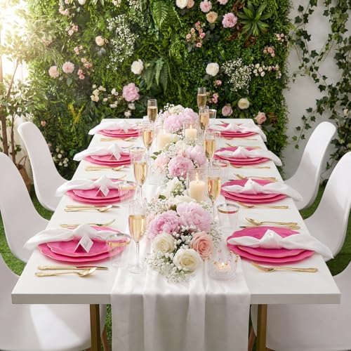 NOCCUR 175PCS Hot Pink Plastic Plates with Gold Disposable Silverware - Include 50 Hot Pink Plates,25 Knives,25 Forks,25 Spoons,25 Cups and 25 Napkins - Ideal for Party/Wedding/Banquet - Image 7