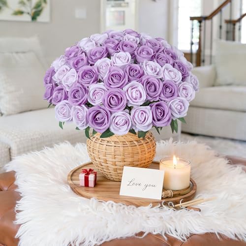 50 PCS Purple Roses Artificial Flowers, Fake Roses with Stem Realistic Silk Roses for DIY Wedding Bouquets Table Centerpieces Arrangements Baby Shower Birthday Home Decor Valentine's Day Gift for Her - Image 4