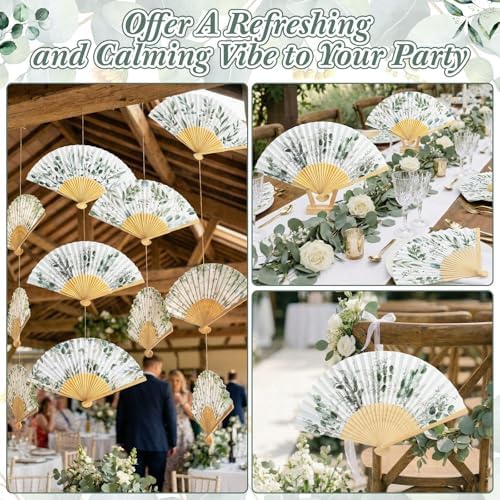 Briwooody 48 Set Eucalyptus Leaf Hand Folding Fans with Organza Bags Bulk Greenery Wedding Favors for Guests Boho Green Leaf Paper Fan for Bridal Shower Supplies Bridesmaid Gifts Party Decorations - Image 5
