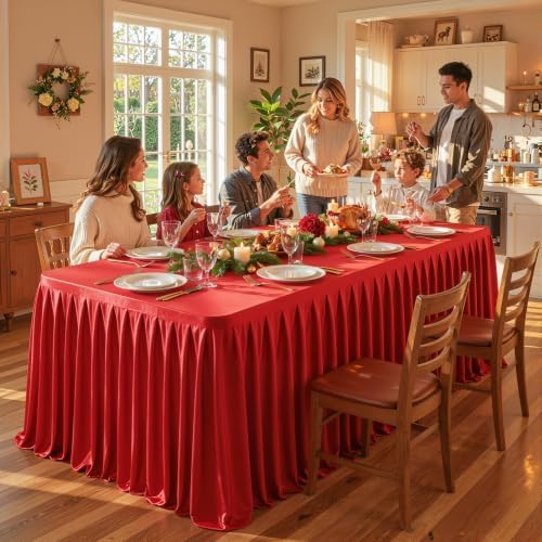 1 Pack Red Satin Tablecloths Rectangle 6FT, Glitter Spandex Fitted Stretch Table Covers Wrinkle-Free Floor Length Shimmer Table Skirt for Weddings Parties Baby Shower Banquets Vendor Events - Image 4