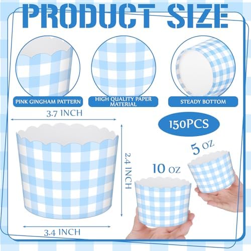 Vesici 150 Pcs Ice Cream Cups Gingham Party Supplies, 10 oz, Blue - Image 2