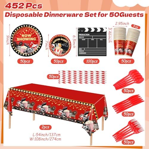 Funnymoom 452 Pcs Movie Night Party Decorations Supplies Set Include Movie Theme Birthday Paper Plates Napkins Cups Tablecloth Cutlery Straws for Now Showing Red Carpet Birthday Party - Image 3