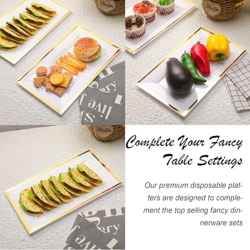 Uiifan 30 Pcs Disposable Plastic Serving Tray, White Gold Rim, 8 x 13 Inch - Image 4