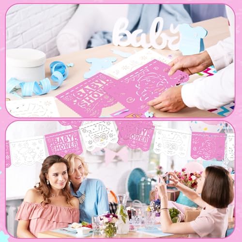 Mindsoft 6 Pack 98.43 ft Baby Shower Papel Picado Mexican Banner Cielito Lindo Party Plastic Fiesta Banner Talavera Theme Decorations for Baby Shower Party Hanging(Pink and White) - Image 6