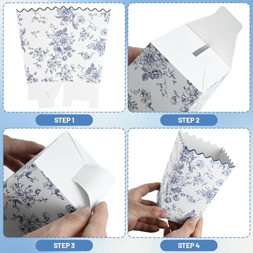 Kuabiz 60 Pcs Blue Floral Popcorn Boxes with Scalloped Chinoiserie Flowers Paper Candy Boxes Disposable Blue Popcorn Bowls Cookie Containers for Wedding Bridal Baby Shower Tea Spring Party Supplies - Image 3