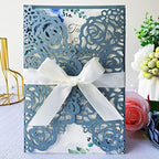 50Pcs Personalized Dusty Blue Wedding Invitations Cards Kits 5'' x 7.3'' Laser Cut Hollow Rose Flora Pocket with Envelopes for Wedding Bridal Shower Quinceanera Invite - Image 3
