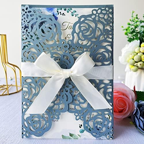 50Pcs Personalized Dusty Blue Wedding Invitations Cards Kits 5'' x 7.3'' Laser Cut Hollow Rose Flora Pocket with Envelopes for Wedding Bridal Shower Quinceanera Invite - Image 3