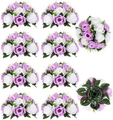BLOSMON Lilac Flowers Balls for Centerpieces: 10 Pcs Purple White Fake Roses Flower for Wedding Table - Artificial Silk Kissing Bouquet Floral Arrangement Center for Home Party Event Decor by Blosmon