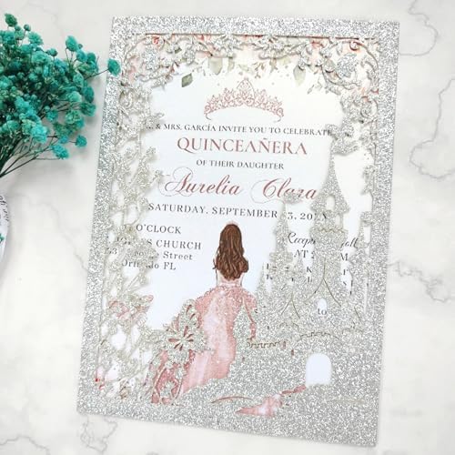 20PCS Castle Pocket Invitations, Quinceanera Invitations with Envelopes, Princess Invitation, Laser Cut quince invites (glitter silver) - Image 2