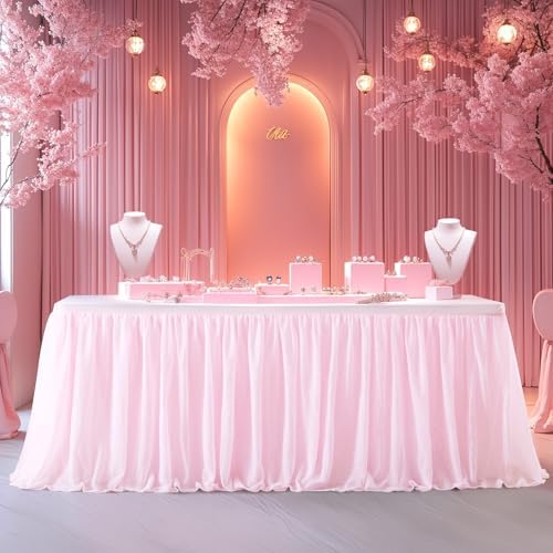 4 Pack Pink Tablecloth for 6 Foot Rectangle Tables with Tulle Table Skirt - Image 4