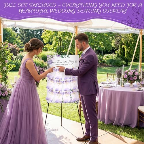 Pinkunn Purple Floral Wedding Seating Chart with Easel Display Stand 15.8 x 23.6 Inch Rustic Wooden Seating Chart Board Please Find Your Seat Sign for Engagement Baby & Bride Shower Wedding Sign Decor - Image 5