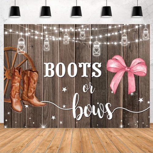 10x8FT Gender Reveal Backdrop Boots or Bows Rustic Wood Brown Cowboy Boots Pink Bows Photography Background Gender Reveal Baby Shower Party Decorations Banner Photo Booth Props by Unknown