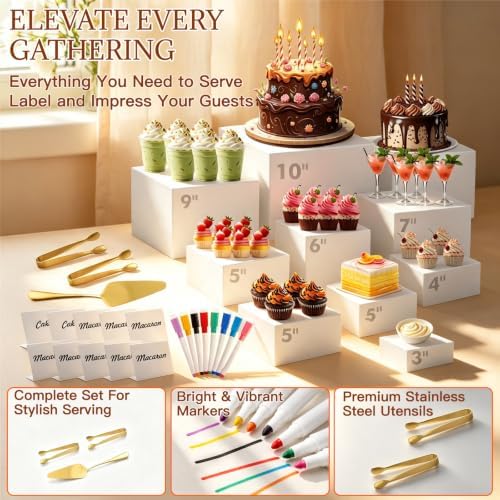 7 Pcs Buffet Risers with Mini Sign and Maker Serving Tongs Cake Cutter, White Acrylic Food Display Stands for Buffet Table Party Catering Dessert Nesting Cube Boxes with Hollow Bottoms (8",7",6",5",5",4",4") - Image 5