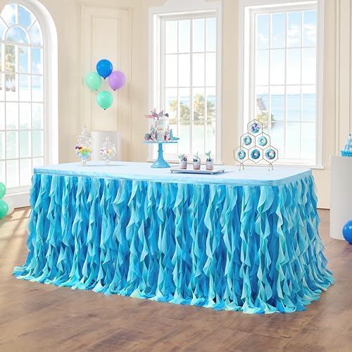 leegleri 6FT Tulle Ruffle Curly Willow Table Skirt for Rectangle or Round Tables, Under The Sea Ocean Blue Baby Shark Themed Tutu Table Skirt for Baby Shower, Birthday Party - Image 6