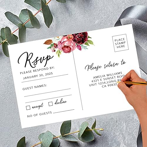 Andaz Press 56-Pack Personalized RSVP Postcards for Wedding Burgundy Florals Cardstock Response Reply Cards for Bridal Shower Baby Shower Birthday Event Custom Date and Return Address 4 x 6-Inch - Image 2