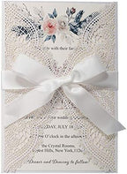 5.12x7.28 Inch 50PCS Blank White Wedding Invitations Kit Laser Cut Hollow Lace Pocket and Bowknot Quinceanera Invitation Cards with Envelopes for Wedding Birthday Invite by KUCHYNEE