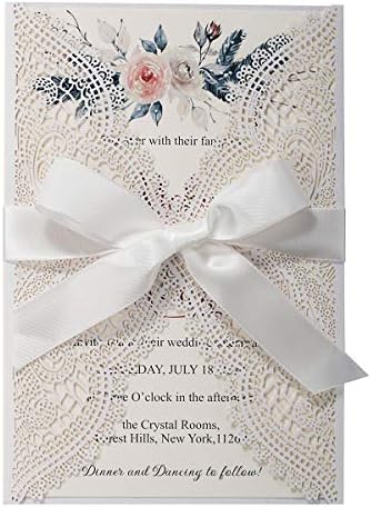 5.12x7.28 Inch 50PCS Blank White Wedding Invitations Kit Laser Cut Hollow Lace Pocket and Bowknot Quinceanera Invitation Cards with Envelopes for Wedding Birthday Invite by KUCHYNEE