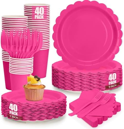 200Pcs Hot Pink Party Plates and Napkins, 9’’ Disposable Scalloped Hot Pink Paper Plates and 7’’ Hot Pink Dessert Plates Cups Napkins Forks Party Supplies for Birthday Party Decorations, Serves 40 by CENLBJ