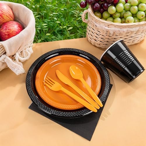 MirthMood 350PCS black and orange Plastic Plates,Black Disposable Plates –Plastic Plates Set Includes 50 Dinner,50 Dessert Plate,50 Cup&50 Napkins, 50 orange Silverware for Parties&Thanksgiving - Image 2