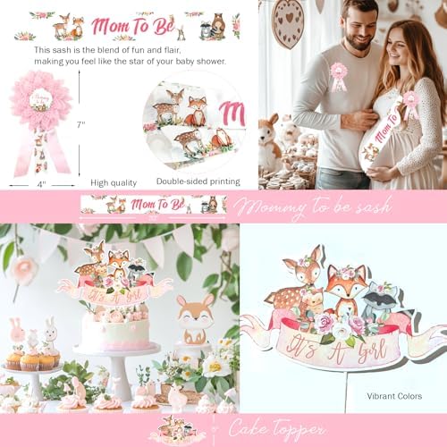 Hombae Woodland Baby Shower Decorations Girl, 128 PCs - Forest Animals Baby Shower Party Supplies with Its a Girl Backdrop, Balloon Garland, Boxes, Tablecloth, Cake Topper, Sash, Pins - Image 4