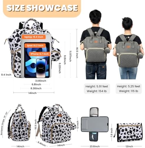 ROSEGIN Diaper Bag Backpack with Changing Pad, Pacifier Case, Baby Bag for Boy Girl Toddler - Large, Stylish, Waterproof Travel Quilted Diaper Bag for Mom - Baby Shower Registry - Cow - Image 6