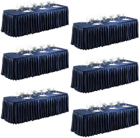6 Packs Navy Blue Satin Tablecloths Rectangle 6FT, Glitter Fitted Stretch Table Covers Wrinkle-Free Floor Length Shimmer Table Skirt for Weddings Parties Baby Shower Banquets Vendor Events by Partisky