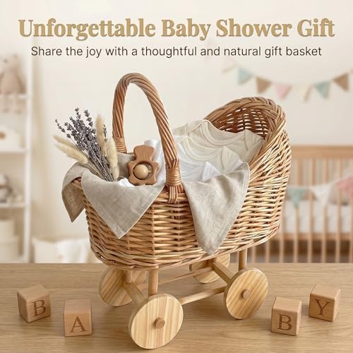 Woven Rattan Stroller-Shaped Flower Basket with Handle, Handwoven Decorative wicker baby carriage Basket for Baby Shower, Wedding, Party Decor, Floral Arrangements & Gift Hampers - Image 3