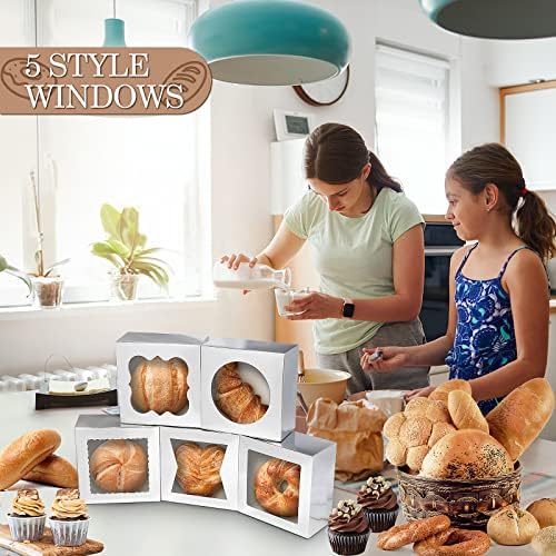 KPOSIYA 65PCS Bakery Boxes with Window 6x6x3 Inches 5 Style Cookie Boxes Small Pastry Boxes for Candy, Dessert, Pastry, Donuts, Birthday Party, Wedding(Silver) - Image 5